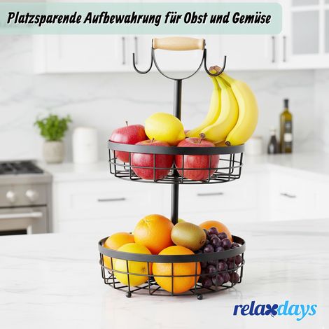 Relaxdays Obstkorb Etagere 2-stöckig, Obstschale für die Küche, moderner Metallkorb für Obst und Gemüse, Metall, schwarz
