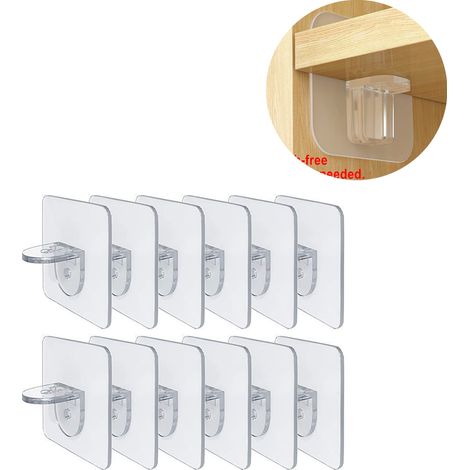 12 supports d'étagère sans perçage, clips adhésifs pour étagères de cuisine et bibliothèques - séparateurs robustes, supports de penderie, clips