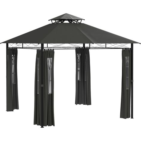 Pavillon Métallique 3 x 3 m avec Toit Double et Parois Latérales, Coloris Gris Foncé pour Jardin (1/5)