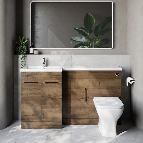 Napoli 390 Tobacco Oak 1500mm 3 Door Vanity Unit Toilet Suite with Left Hand Square Lucia Basin - 1500mm - Chrome 160mm HandleWith Kingston Toilet Pan and Seat