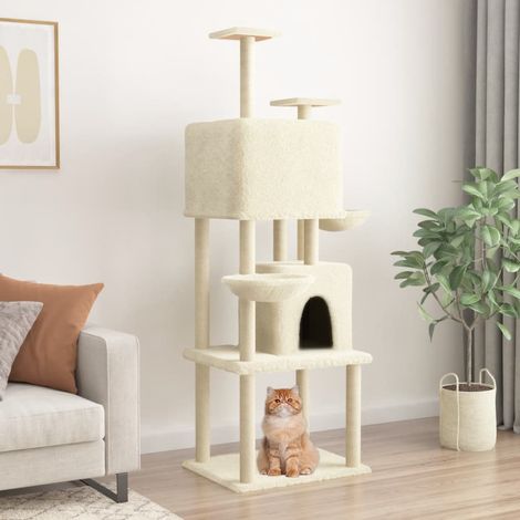 Arbre à chat 180 cm avec griffoirs en sisal, 2 maisons et 2 paniers, crème - PANGIVO (1/5)