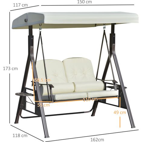 Balançoire Hollywood Outsunny 2 places, Balançoire de jardin avec auvent, coussins & plateau, Cadre en métal, Tissu polyester, Beige, 162x118x173cm (1/5)