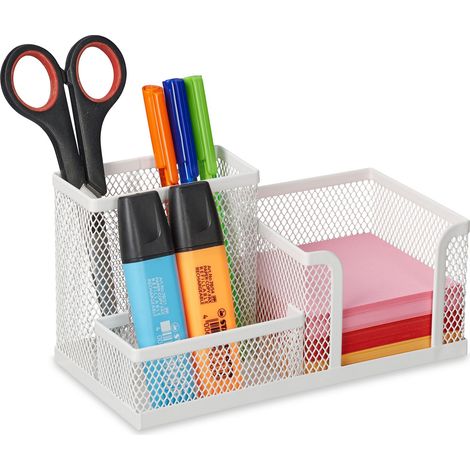 Relaxdays Portaoggetti da Scrivania, 3 Box Portatutto, Design Metallo, Organizer, Portafoglietti, Portapenne, Bianco