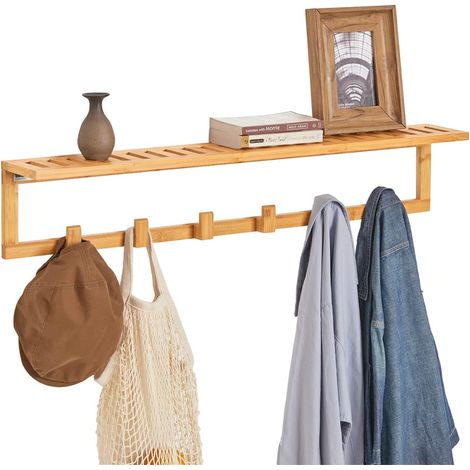 Sobuy – Étagère porte-serviette porte-manteau mural en bambou FHK06N – 6 crochets – Dimensions L90cm x P12,5cm x H16,5cm – Charge max 9kg (1/8)