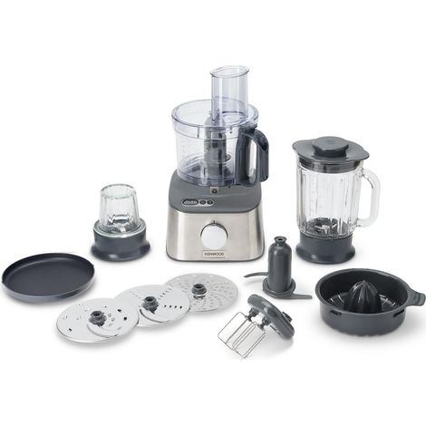Robot de cuisine compact avec balance intégrée, lame en acier inoxydable, 3 plateaux de travail et 6 autres accessoires, boîtier en métal, 800 W, argent (1/5)