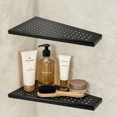 2pcs Étagère d'angle pour Douche en Acier Inoxydable 304, Etagere Murale Encastrable, Tablette Salle de Bain sans Percage pour Shampoing Gel, 7kg par Serviteurs, 305 x 155mm Noir, Mat (1/5)