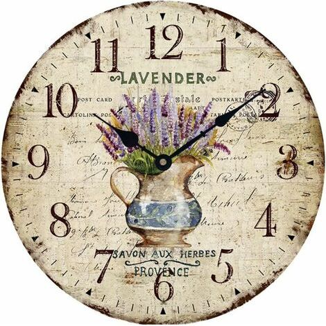 Wooden Wall Clock 12 Vintage French Country Printed Potted Lavender Romantic Shabby Chic Large Decorative Roman Numerals Analogue Battery Operated Silent for Home Decor (1/5)