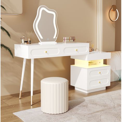 Tocador 140x40x130 cm blanco en tablero de partículas con espejo LED, 4 cajones y armario lateral flexible (1/5)