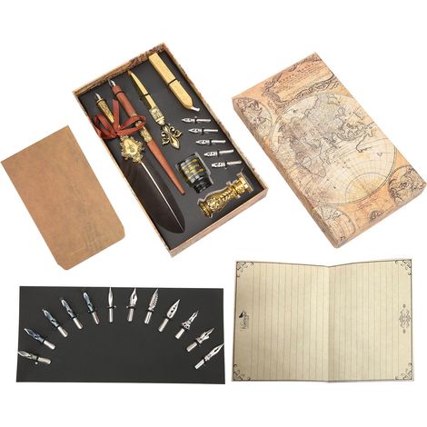 Feather Pen Set Retro British Creativity Writing Suit for Business Couple Elder Teacher GiftRound Head Gray Feather (1/5)