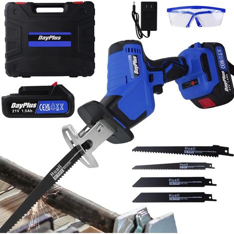 21v sans fil alimenté scie alternative, scie électrique sans fil avec 1 x batterie 1.5ah pour bois métallique PVC TUBE arbre taille, portable intérieur extérieur bricolage scie avec valise et lunettes (1/5)