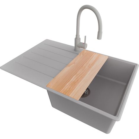 PRIMAGRAN Evier Cuisine en Granit 78x50cm, Lavabo 1 bac + Robinet 38x14cm + Kit de Vidage + Accessoire, Évier à Encastrer au meuble 50cm - Copenhague, Gris (1/5)