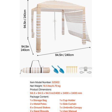 VEVOR Beach Cabana, 8 x 8 ft Beach Canopy with Side Wall, UPF 50+ Protection Easy Setup Cabana Tent with Sand Pockets, Adjustable Height Portable Shade Sun Shelter Umbrella for Whole Family & Friends (1/4)