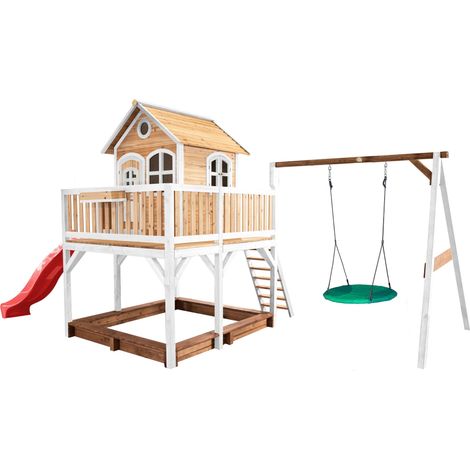 Axi Liam Maison Enfant Avec Bac À Sable, Balançoire Nid D’Oiseau Vert & Toboggan Rouge Aire De Jeux Pour L'Extérieur En Marron & Blanc Maisonnette / Cabane De Jeu En Bois Fsc