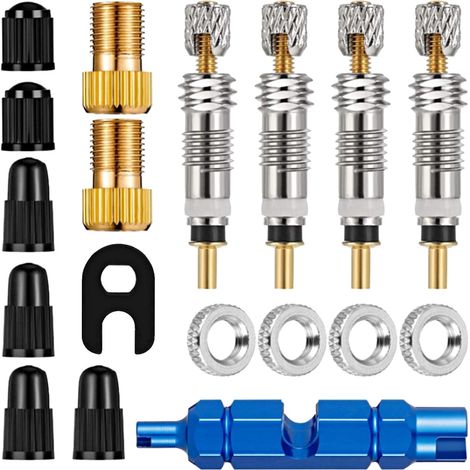 Kit de Réparation Pneu Voiture et VTT 18 Pièces avec Valve Tubeless et Obus de Valve Démonte Pneu Vélo Bouchon Valve Pneu Voiture, Adaptateur Valve Presta et Démonte Obus Valve pour Entretien Complet (1/5)