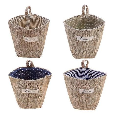 Lot de 4 sacs de rangement muraux, petits paniers de rangement en coton et lin, paniers suspendus pliables pour toute la famille (1/5)