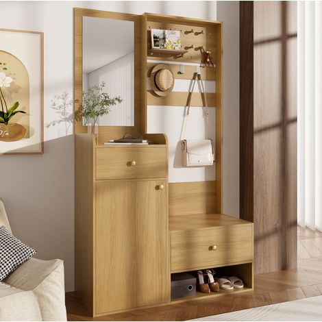 Perchero compacto con espejo, 105 x 38 x 180 cm, 2 cajones, color madera HAVRYA (1/5)