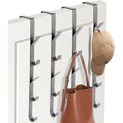 Crochets de porte 4 pièces x 5 crochets, porte-serviettes vertical en acier inoxydable brossé, cintre mural gain de place pour vêtements, serviettes, peignoirs (Gris) (1/5)