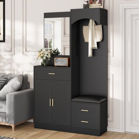 Vestiaire et meuble à chaussures noir - meuble d'entrée avec miroir - 110x33x186 cm (1/5)