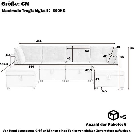 Modulares U-Sofa 261 × 132,5 × 85 cm aus Samt und Cord, Grau, mit Stauraum – MEUBLIV (1/5)