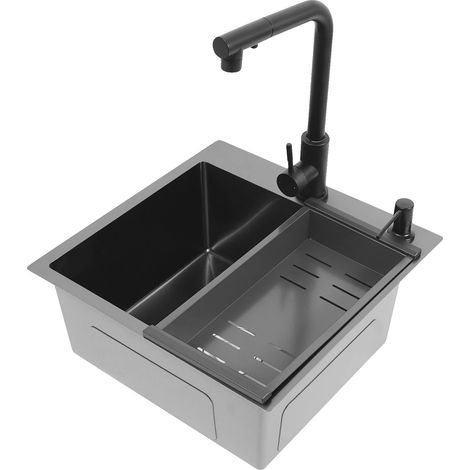 Fregadero de cocina, acero inoxidable duradero, diseño de drenaje eficiente, negro. (1/2)