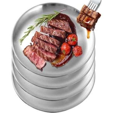 4 pièces assiette ronde en acier inoxydable, Ø23 cm, résistantes à la chaleur, service camping et extérieur