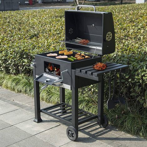 WOLTU Holzkohlegrill Kohlewanne höhenverstellbar BBQ Grill Standgrill mit Räder 113x45.5x100cm, Barbecue Grill für Garten Camping, Schwarz (1/4)
