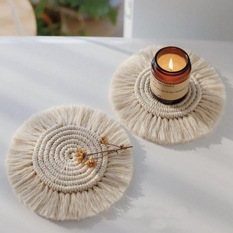 Dessous Verre Napperon Tissé Main, 2 pièces Coton Tresse Coaster Décoration Table Bohème, Résistantes Chaleur Antidérapant Dessous Verre Ronds Macrame pour Salon, Chambre Coucher, Café (1/5)