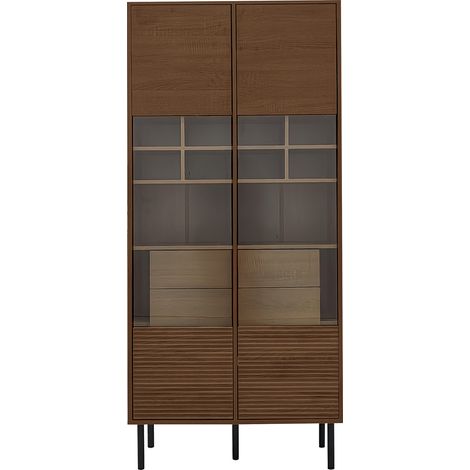 Vitrine avec 1 Porte, 4 Tiroirs et Étagères, Façade en Verre, pour Salle de Bain, Salon ou Bureau, MDF, Bois (1/5)