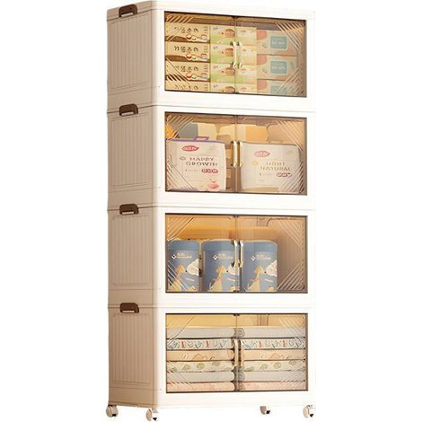 Caja de almacenamiento - SEVENCOMFORT - 4 niveles - Plegable - Puerta transparente magnética - Ruedas con freno