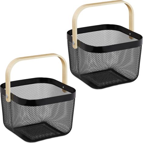 Relaxdays Wire Baskets with Handle, Set of 2, Metal & Bamboo, HxWxD: 17.5 x 26 x 24.5 cm, Stylish Storage, Black