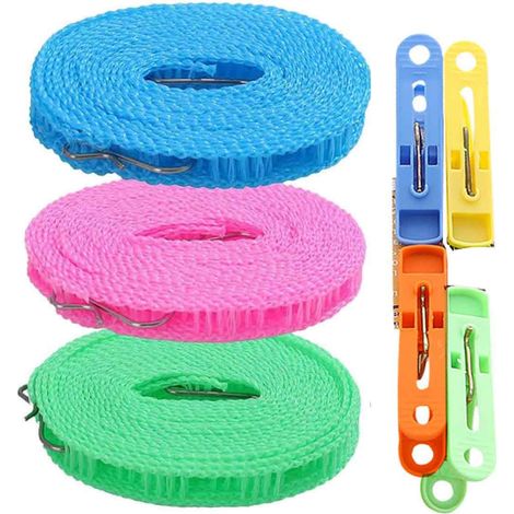 Corde à linge en nylon de 8 m (3 pièces), résistante au vent, avec 4 pinces à linge, antidérapante, portable et idéale pour le camping et les voyages, en intérieur comme en extérieur. (1/5)