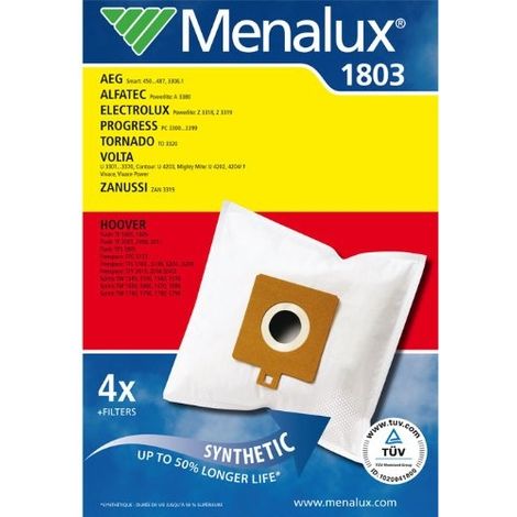 MENALUX 1803 PACK AVEC 4 SACS À POUSSIÈRE ET MICROFILTRE DURAFLOW POUR AEG ELECTROLUX PROGRESS VOLTA HOOVER