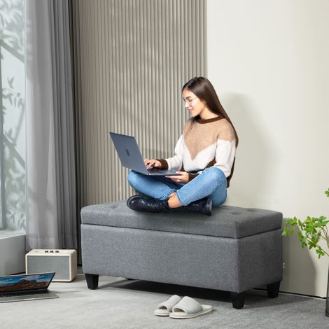 Panca imbottita con vano contenitore, poliestere effetto lino, legno di caucciù, 100 x 40 x 44 cm, grigio chiaro