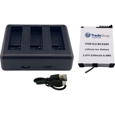 Trade-Shop 2in1 Set: Akku 2300mAh + USB-C LCD Dreifach-Ladegerät kompatibel mit DJI Osmo Action 3 / 4 / 5, BCX202, BCX204 / Action-Kamera Zubehör