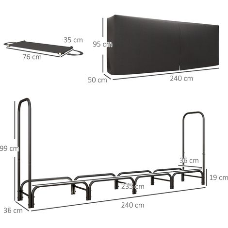Range-bûches en métal pour usage intérieur/extérieur (avec support à bûches et couvercle), 240 x 36 x 99 cm, noir (1/5)