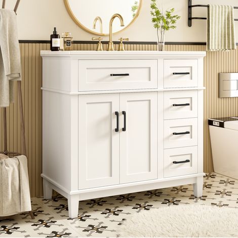 Mueble bajo lavabo blanco 90 x 46 x 87 cm, MDF, patas de madera, lavabo cerámico (1/5)