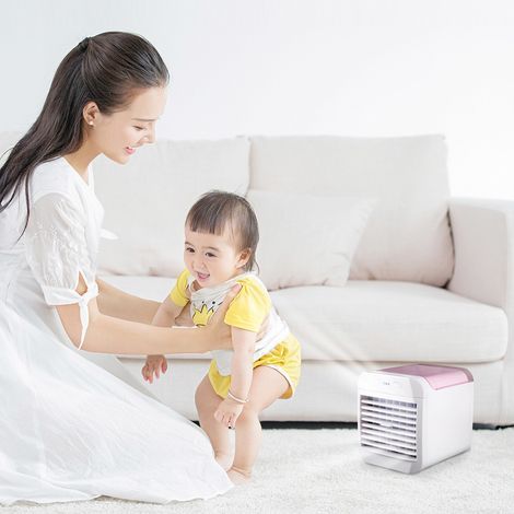 Mini portable USB-powered air cooler, multifunctional, refreshing, 3 fan speeds, pink. (1/5)