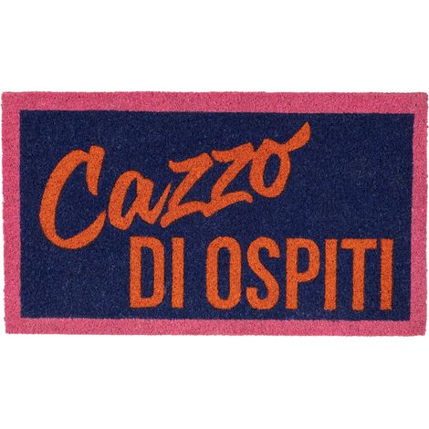 Paillasson d'entrée Maison “Czzo di ospiti” en Fibre de Coco avec Base antidérapante en PVC. Tapis intérieur Bleu et Orange Peint à la Main. Message drôle. 70 x 40 cm (1/5)
