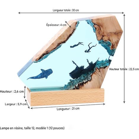 Veilleuse en résine 12 pouces, grande déco table océan baleine‑requin plongeurs épave, lampe d'ambiance artistique bois massif, effet luminescent, piles LR03 (1/4)