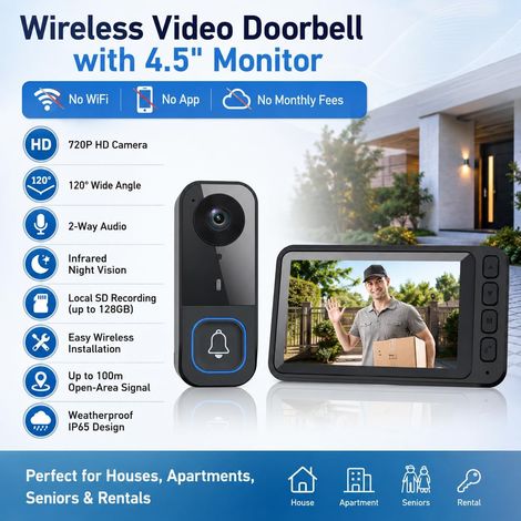 Sonnette sans fil avec caméra, sonnette vidéo HD IPS de 4,5 pouces, communication vocale bidirectionnelle, transmission longue distance, aucun Wi-Fi ni application requis, fonction de vision nocturne. (1/4)