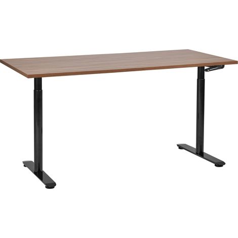 Bureau Hauteur Réglable Manuellement Design Moderne Pieds Ronds 160 x 72 cm Plateau Bois Foncé et Cadre Acier Noir DESTINAS