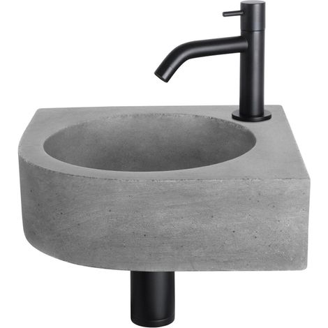 Differnz Cleo Kit lave-mains - 31,5x31,5x10cm - Quart de rond - 1 trou de robinet - Robinet courbé noir mat - Gris béton (1/5)