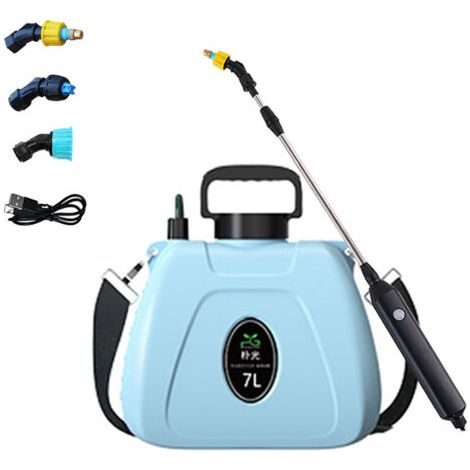 Pulverizador eléctrico, pulverizador portátil de 7 litros con bomba, lanza telescópica USB con 3 boquillas, correa ajustable para el hombro, pulverizador a presión para jardín (azul) (1/4)