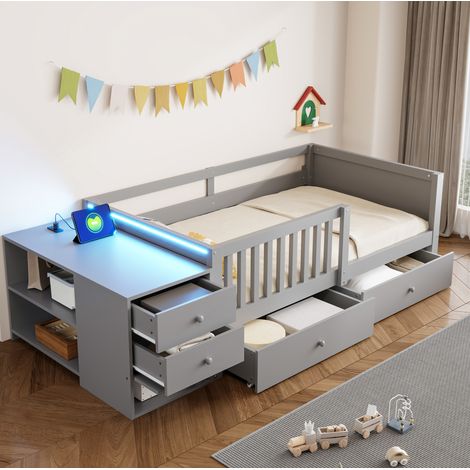 Hochbett 90x200 cm Metall und Holz grau mit Stauraum platzsparend ohne Matratze – MEUBLIV (1/5)