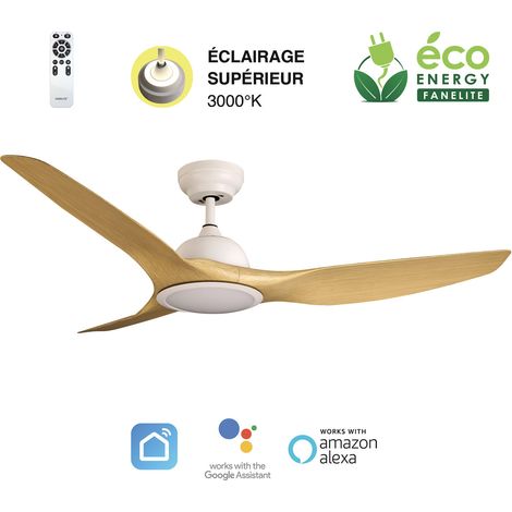 Fanelite - Ventilateur de plafond 132 cm blanc et ABS imitation bois LONGANA - Moteur DC 35W - LED 20W 3 couleurs + LED SUPERIEURE (1/2)