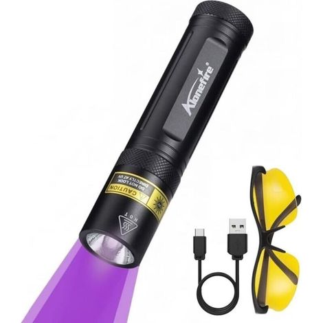 SV77 Torcia LED UV da 10 W 395 nm ricaricabile, luce nera ultravioletta, rilevatore di urina per resina, fluoresceina, minerali, pesca con occhiali di protezione UV, batteria integrata (1/5)