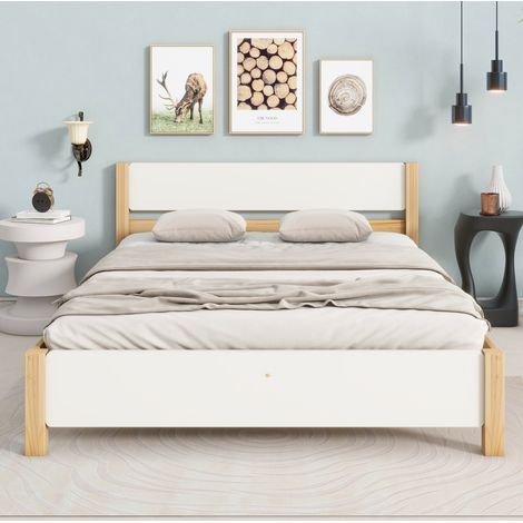 Letto matrimoniale in legno massello e MDF bianco e naturale 140x200 cm con rete a doghe (1/5)