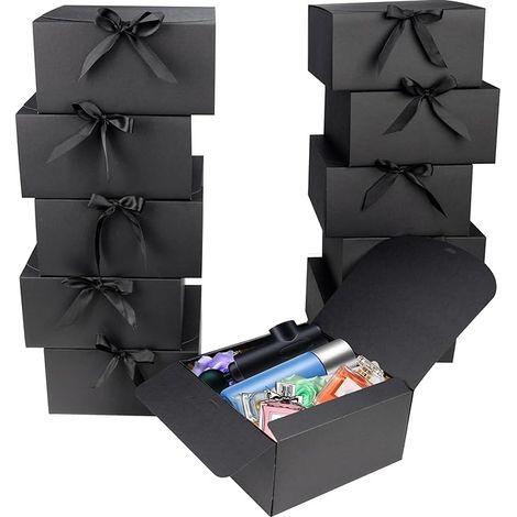 Schwarze Geschenkbox mit Deckel und Schleife, 20 x 20 x 10 cm (1/5)