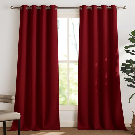 AMXCNOY Verdunkelungsvorhänge mit Ösen, 2er-Set, thermisch isolierend gegen Kälte, für Wohnzimmer und Zuhause, zum Aufhängen fertig, Breite 140 cm x Höhe 244 cm, dunkelrot (1/5)
