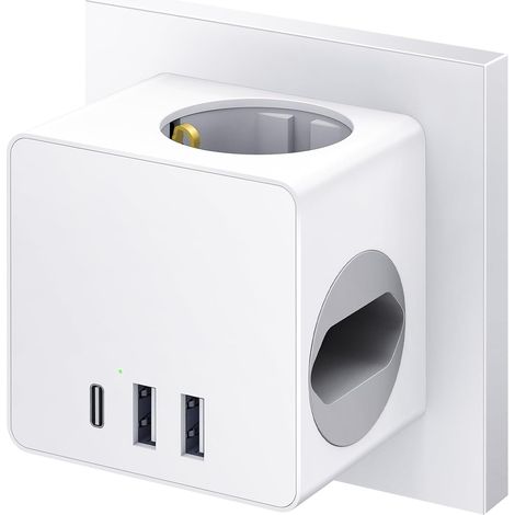 6 en 1 Prise Cube compacte sans Fil, 4000W Multiprise avec 3 USB, Cube multiprise pour DE/FR/ES/SE, Pratique pour la Maison, Le Bureau et Les Voyages (1/5)